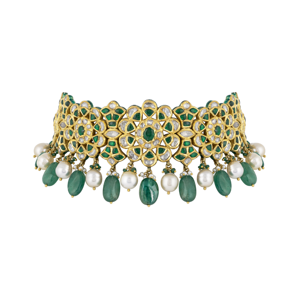 Floral Polki Choker with Green Talaf, Emerald & Pearl Drops
